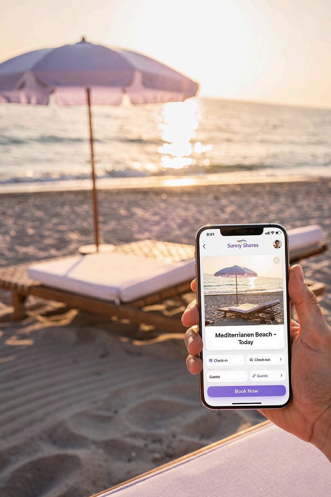 Soluppgång över medelhavsstrand med tomma solstolar och parasoll i prydliga rader